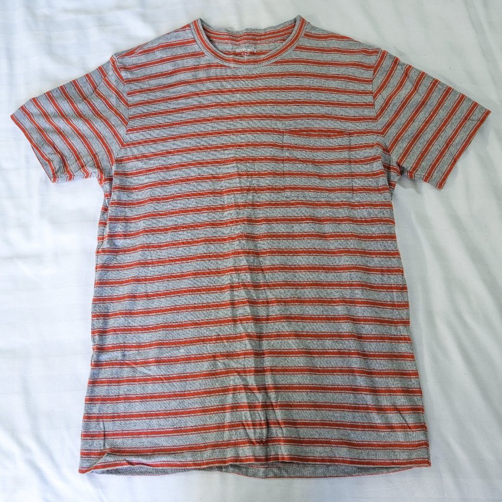 BONOBOS Men's Slim Fit Cotton T-shirt, Gray & Orange stripe, Sz. Small